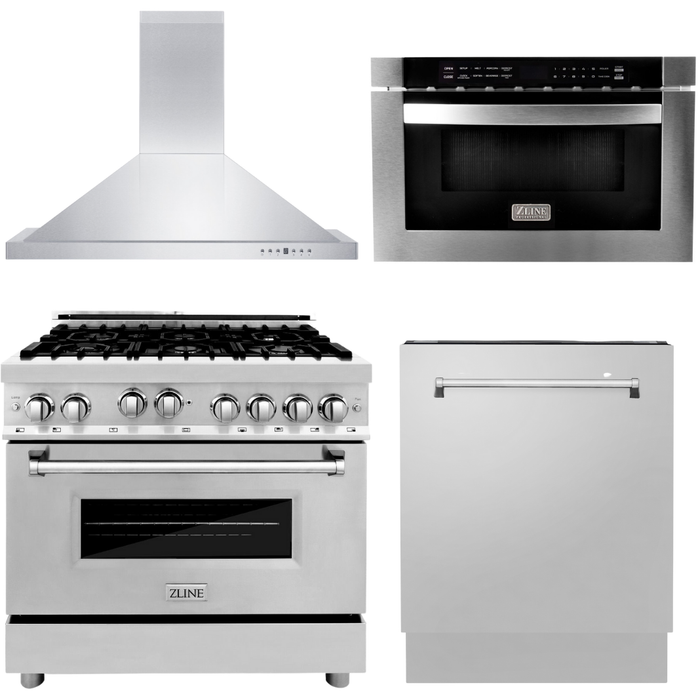 ZLINE 36 in. Gas Range, Range Hood, Microwave Drawer and 3 Rack Dishwasher Appliance Package