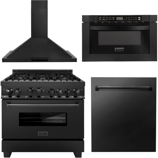 ZLINE 36 in. Gas Range, Range Hood, Microwave Drawer and Dishwasher Appliance Package In Black Stainless Steel 4KP-RGBRBRH36-MWDW