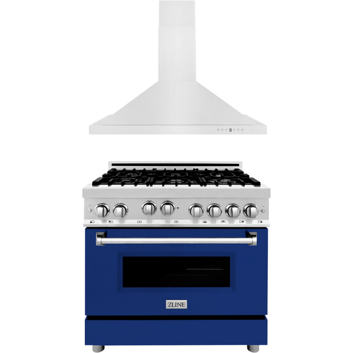 ZLINE 36 in. Gas Range with Blue Gloss Door and 36 in. Range Hood Appliance Package 2KP-RGBGRH36