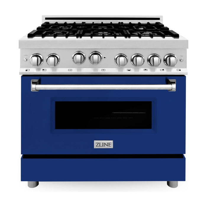 ZLINE 36 in. Gas Range with Blue Gloss Door and 36 in. Range Hood Appliance Package 2KP-RGBGRH36