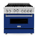 ZLINE 36 in. Gas Range with Blue Gloss Door and 36 in. Range Hood Appliance Package 2KP-RGBGRH36