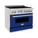 ZLINE 36 in. Gas Range with Blue Gloss Door and 36 in. Range Hood Appliance Package 2KP-RGBGRH36