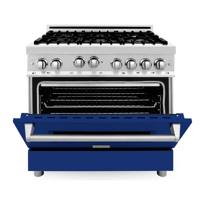 ZLINE 36 in. Gas Range with Blue Gloss Door and 36 in. Range Hood Appliance Package 2KP-RGBGRH36