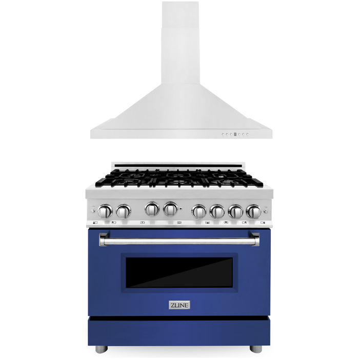 ZLINE 36 in. Gas Range with Blue Matte Door and 36 in. Range Hood Appliance Package 2KP-RGBMRH36