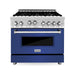 ZLINE 36 in. Gas Range with Blue Matte Door and 36 in. Range Hood Appliance Package 2KP-RGBMRH36