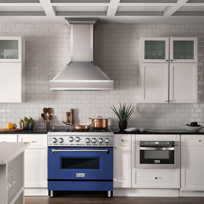 ZLINE 36 in. Gas Range with Blue Matte Door and 36 in. Range Hood Appliance Package 2KP-RGBMRH36