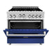 ZLINE 36 in. Gas Range with Blue Matte Door and 36 in. Range Hood Appliance Package 2KP-RGBMRH36