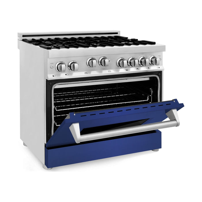 ZLINE 36 in. Gas Range with Blue Matte Door and 36 in. Range Hood Appliance Package 2KP-RGBMRH36