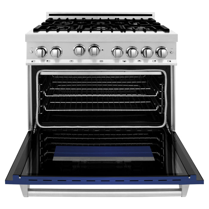 ZLINE 36 in. Gas Range with Blue Matte Door and 36 in. Range Hood Appliance Package 2KP-RGBMRH36