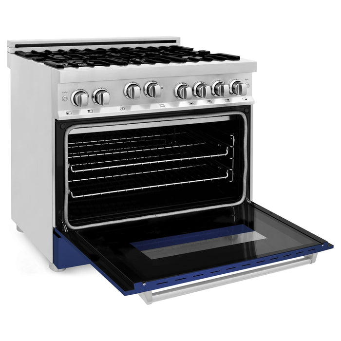 ZLINE 36 in. Gas Range with Blue Matte Door and 36 in. Range Hood Appliance Package 2KP-RGBMRH36