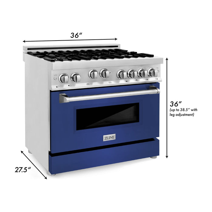 ZLINE 36 in. Gas Range with Blue Matte Door and 36 in. Range Hood Appliance Package 2KP-RGBMRH36