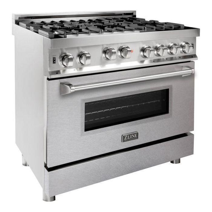 ZLINE 36 in. Gas Range with DuraSnow Door and 36 in. Range Hood Appliance Package 2KP-RGSNRH36