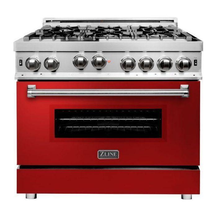 ZLINE 36 in. Gas Range with Red Gloss Door and 36 in. Range Hood Appliance Package 2KP-RGRGRH36