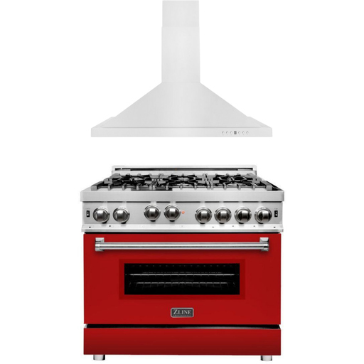 ZLINE 36 in. Gas Range with Red Matte Door & 36 in. Range Hood Appliance Package 2KP-RGRMRH36