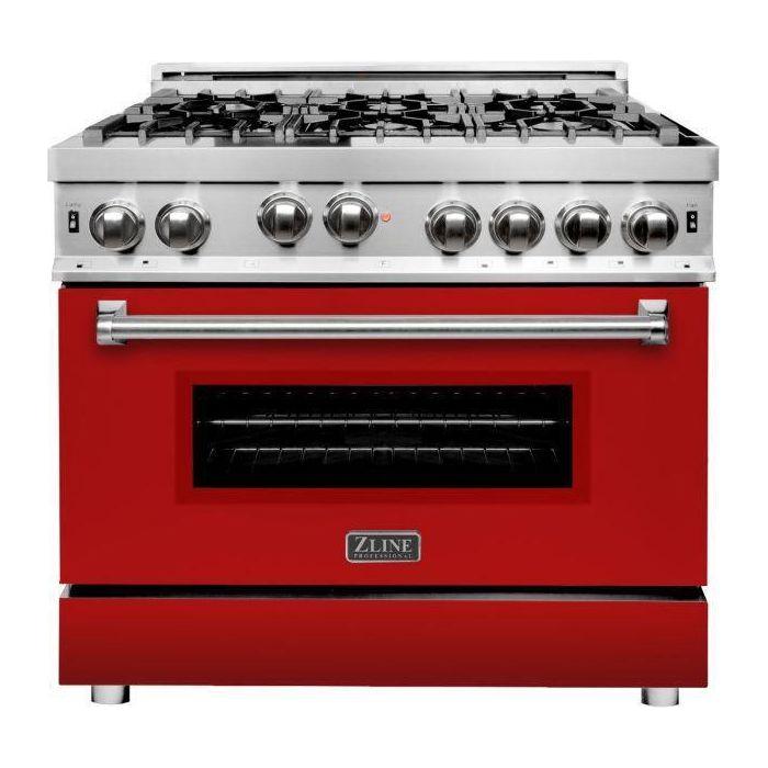 ZLINE 36 in. Gas Range with Red Matte Door & 36 in. Range Hood Appliance Package 2KP-RGRMRH36