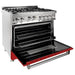 ZLINE 36 in. Gas Range with Red Matte Door & 36 in. Range Hood Appliance Package 2KP-RGRMRH36