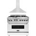 ZLINE 36 in. Gas Range with White Matte Door & 36 in. Range Hood Appliance Package 2KP-RGWMRH36