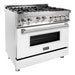 ZLINE 36 in. Gas Range with White Matte Door & 36 in. Range Hood Appliance Package 2KP-RGWMRH36