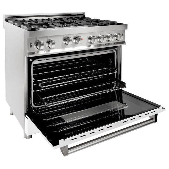 ZLINE 36 in. Gas Range with White Matte Door & 36 in. Range Hood Appliance Package 2KP-RGWMRH36