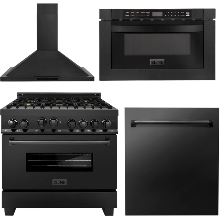 ZLINE 36 in. Kitchen Appliance Package with Black Stainless Steel Gas Range, Range Hood, Microwave Drawer and Dishwasher, 4KP-RGBRH36-MWDW