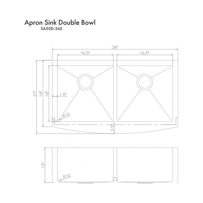 ZLINE 36 in. Niseko Farmhouse Apron Mount Double Bowl DuraSnow Stainless Steel Kitchen Sink with Bottom Grid SA50D-36S