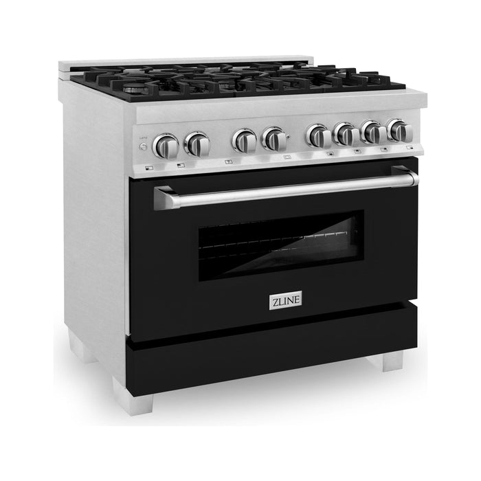 ZLINE 36 in. Professional Dual Fuel Range with Gas Burner and Electric Oven In DuraSnow Stainless with Black Matte Door RAS-BLM-36