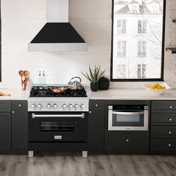 ZLINE 36 in. Professional Dual Fuel Range with Gas Burner and Electric Oven In DuraSnow Stainless with Black Matte Door RAS-BLM-36