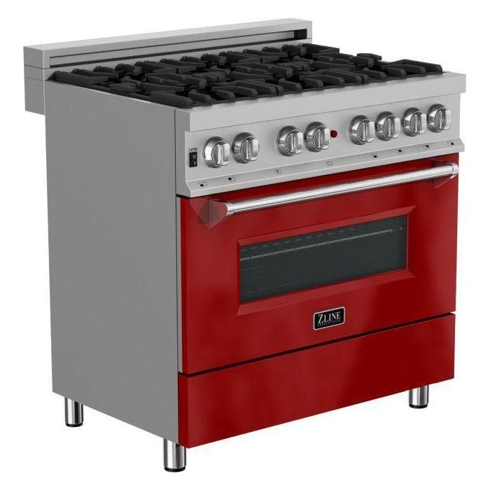 ZLINE 36 in. Professional Dual Fuel Range with Gas Burner and Electric Oven In DuraSnow Stainless with Red Gloss Door RAS-RG-36