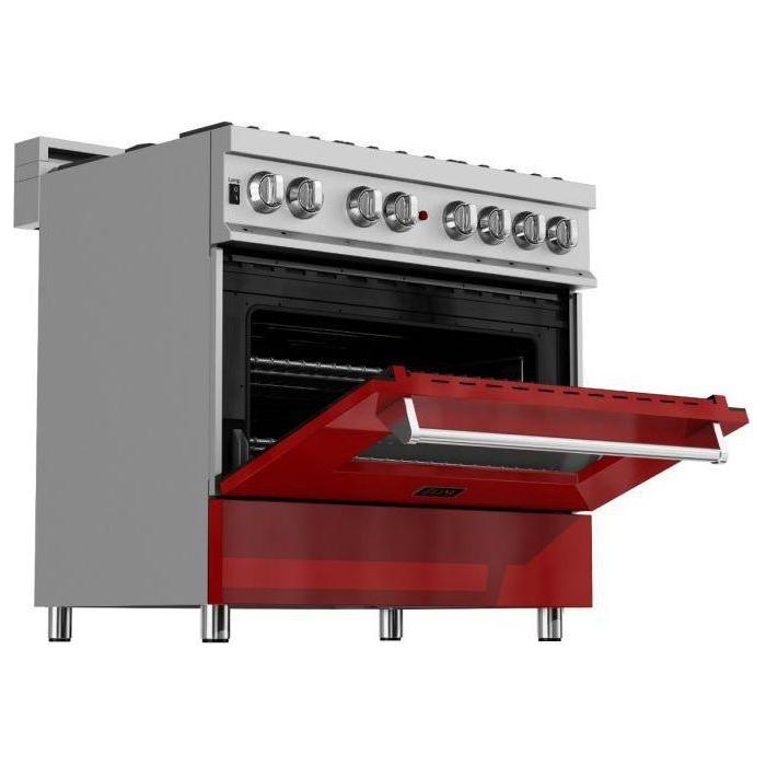 ZLINE 36 in. Professional Dual Fuel Range with Gas Burner and Electric Oven In DuraSnow Stainless with Red Gloss Door RAS-RG-36