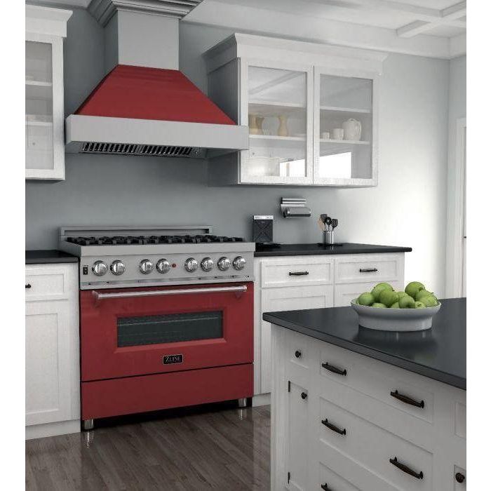 ZLINE 36 in. Professional Dual Fuel Range with Gas Burner and Electric Oven In DuraSnow Stainless with Red Gloss Door RAS-RG-36