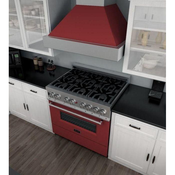 ZLINE 36 in. Professional Dual Fuel Range with Gas Burner and Electric Oven In DuraSnow Stainless with Red Gloss Door RAS-RG-36