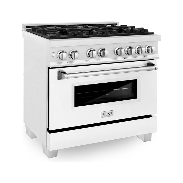 ZLINE 36 in. Professional Dual Fuel Range with Gas Burner and Electric Oven In DuraSnow Stainless with White Matte Door RAS-WM-36