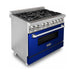 ZLINE 36 in. Professional Dual Fuel Range with Gas Burner and Electric Oven In Stainless Steel with Blue Gloss Door RA-BG-36