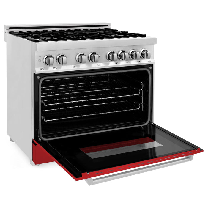 ZLINE 36 in. Professional Dual Fuel Range with Gas Burner and Electric Oven In Stainless Steel with Red Matte Door RA-RM-36