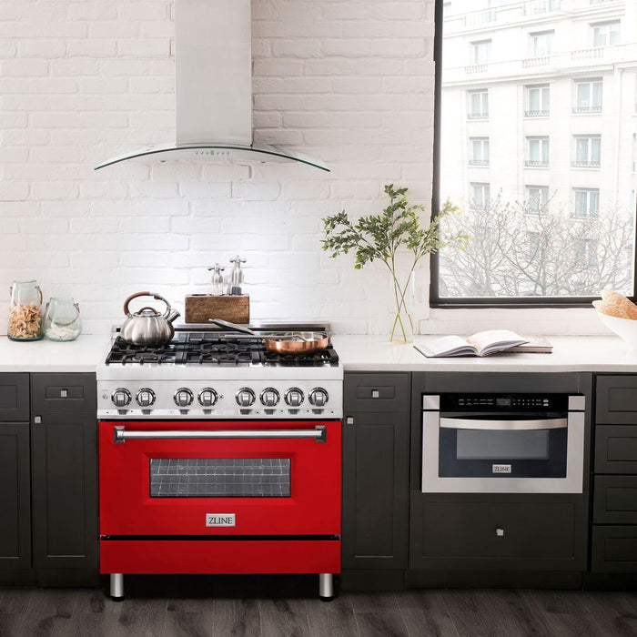 ZLINE 36 in. Professional Dual Fuel Range with Gas Burner and Electric Oven In Stainless Steel with Red Matte Door RA-RM-36