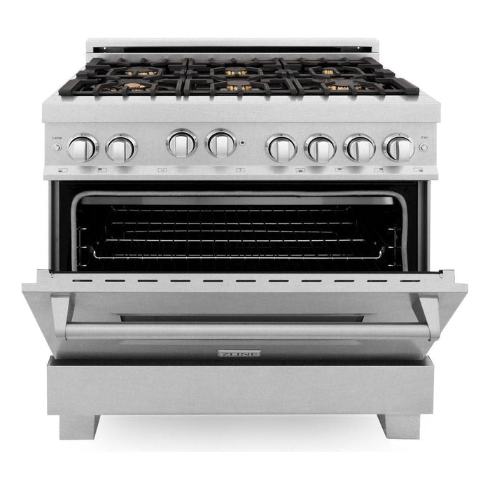 ZLINE 36 in. Professional Dual Fuel Range with Gas Burner and Oven In DuraSnow Stainless with Brass Burners