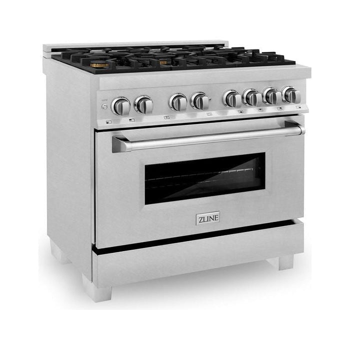 ZLINE 36 in. Professional Dual Fuel Range with Gas Burner and Oven In DuraSnow Stainless with Brass Burners