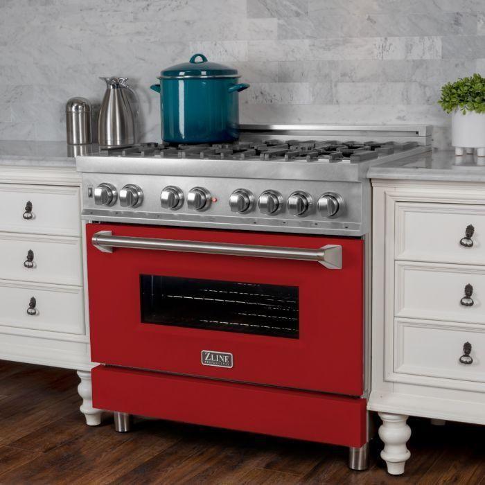 ZLINE 36 in. Professional Gas Burner/Electric Oven in DuraSnow Stainless with Red Matte Door RAS-RM-36