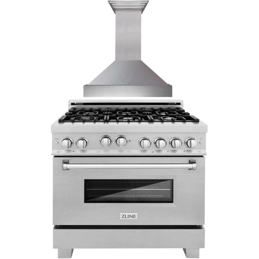 ZLINE 36 In. Professional Gas Range In DuraSnow Stainless Steel & 36" Range Hood Appliance Package 2KP-RGSSNRH36