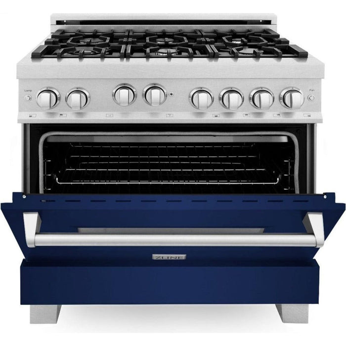 ZLINE 36 in. Professional Gas Range In DuraSnow Stainless Steel with Blue Gloss Door RGS-BG-36