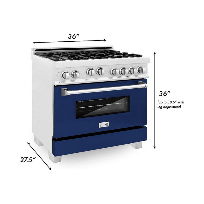 ZLINE 36 in. Professional Gas Range In DuraSnow Stainless Steel with Blue Gloss Door RGS-BG-36