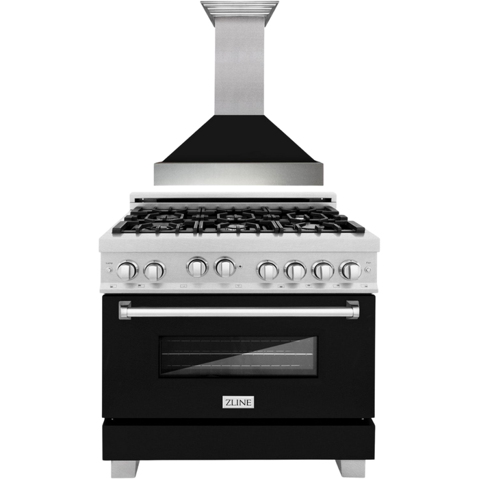 ZLINE 36 In. Professional Gas Range In DuraSnow with Black Matte Door & 36" Range Hood Appliance Package 2KP-RGSBLMRH36