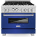 ZLINE 36 In. Professional Gas Range In DuraSnow with Blue Matte Door & 36" Range Hood Appliance Package 2KP-RGSBMRH36