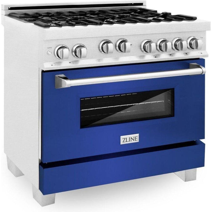 ZLINE 36 In. Professional Gas Range In DuraSnow with Blue Matte Door & 36" Range Hood Appliance Package 2KP-RGSBMRH36