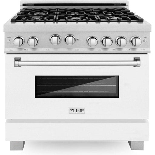 ZLINE 36 In. Professional Gas Range In DuraSnow with White Matte Door & 36" Range Hood Appliance Package 2KP-RGSWMRH36