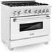 ZLINE 36 In. Professional Gas Range In DuraSnow with White Matte Door & 36" Range Hood Appliance Package 2KP-RGSWMRH36