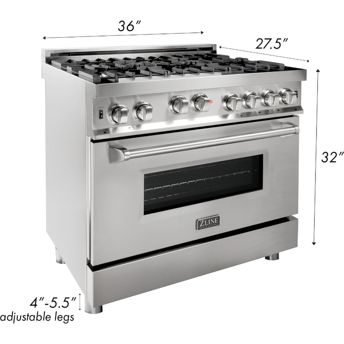 ZLINE 36 in. Professional Gas Range In Stainless Steel with DuraSnow Finish Door RG-SN-36