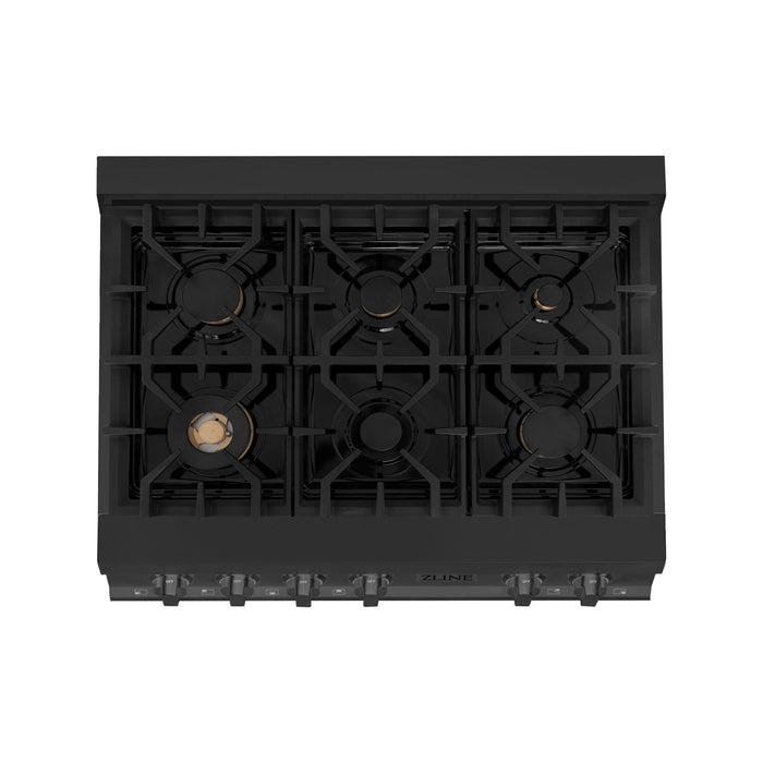 ZLINE 36 in. Rangetop with 6 Gas Brass Burners in Black Stainless Steel RTB-BR-36