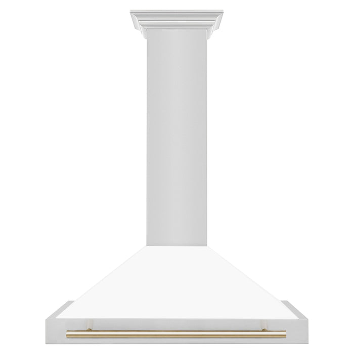 ZLINE 36 Inch Autograph Edition Stainless Steel Range Hood with a Matte White Shell and Gold Handle, KB4STZ-WM36-G