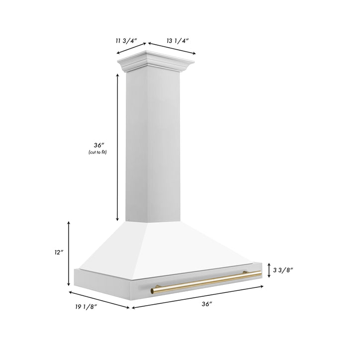 ZLINE 36 Inch Autograph Edition Stainless Steel Range Hood with a Matte White Shell and Gold Handle, KB4STZ-WM36-G